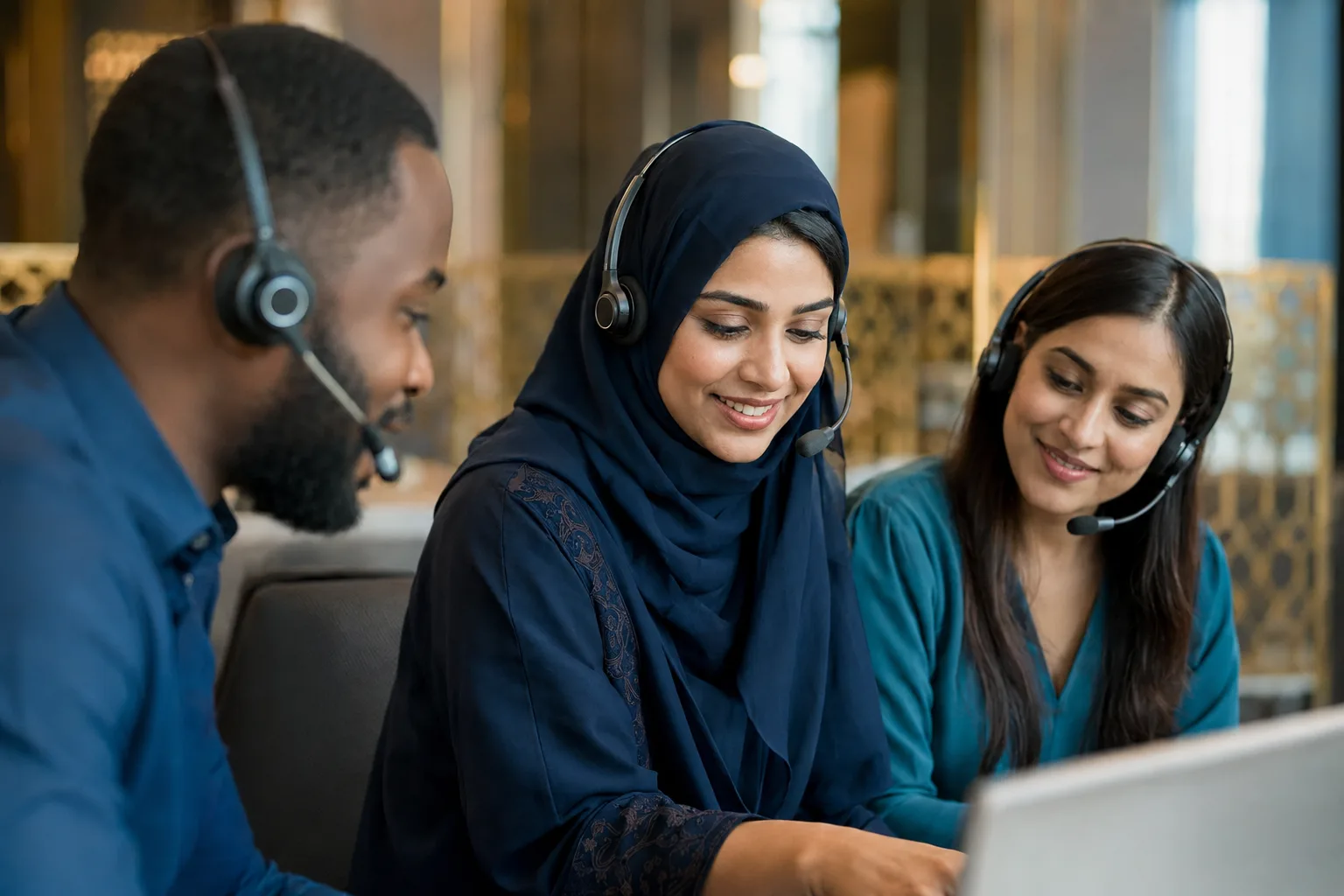 Multilingual professionals sharing a light moment between calls