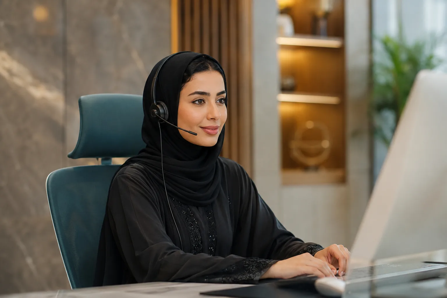 A student support coordinator assisting warmly in a modern setting