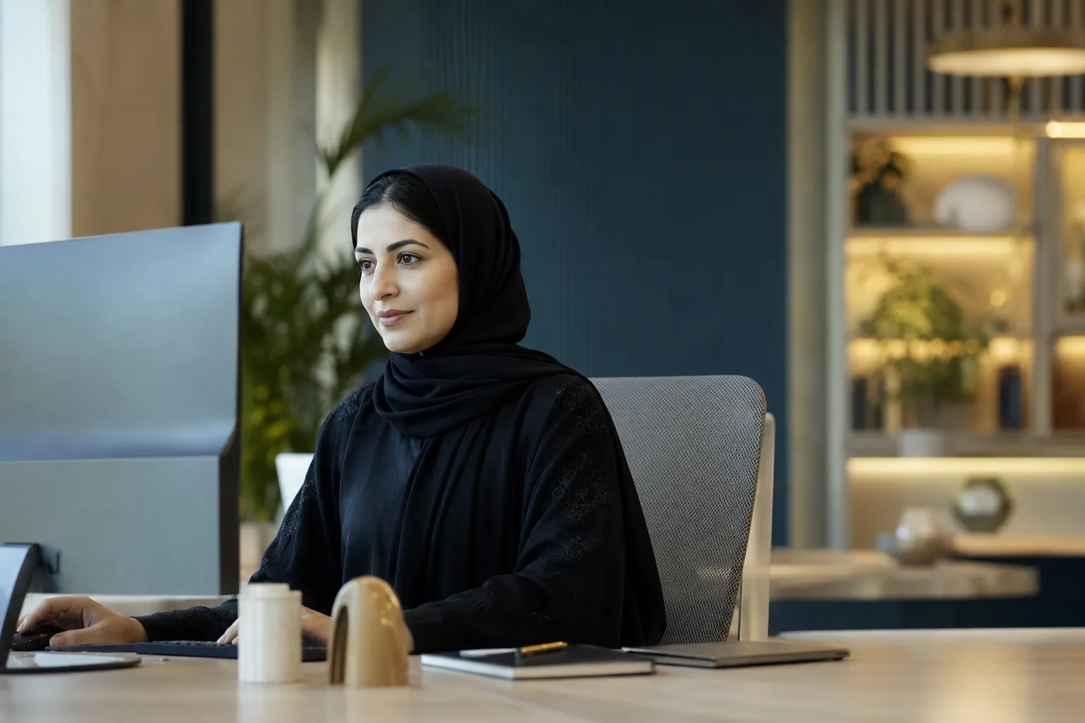 A utility customer operations professional at a clean desk