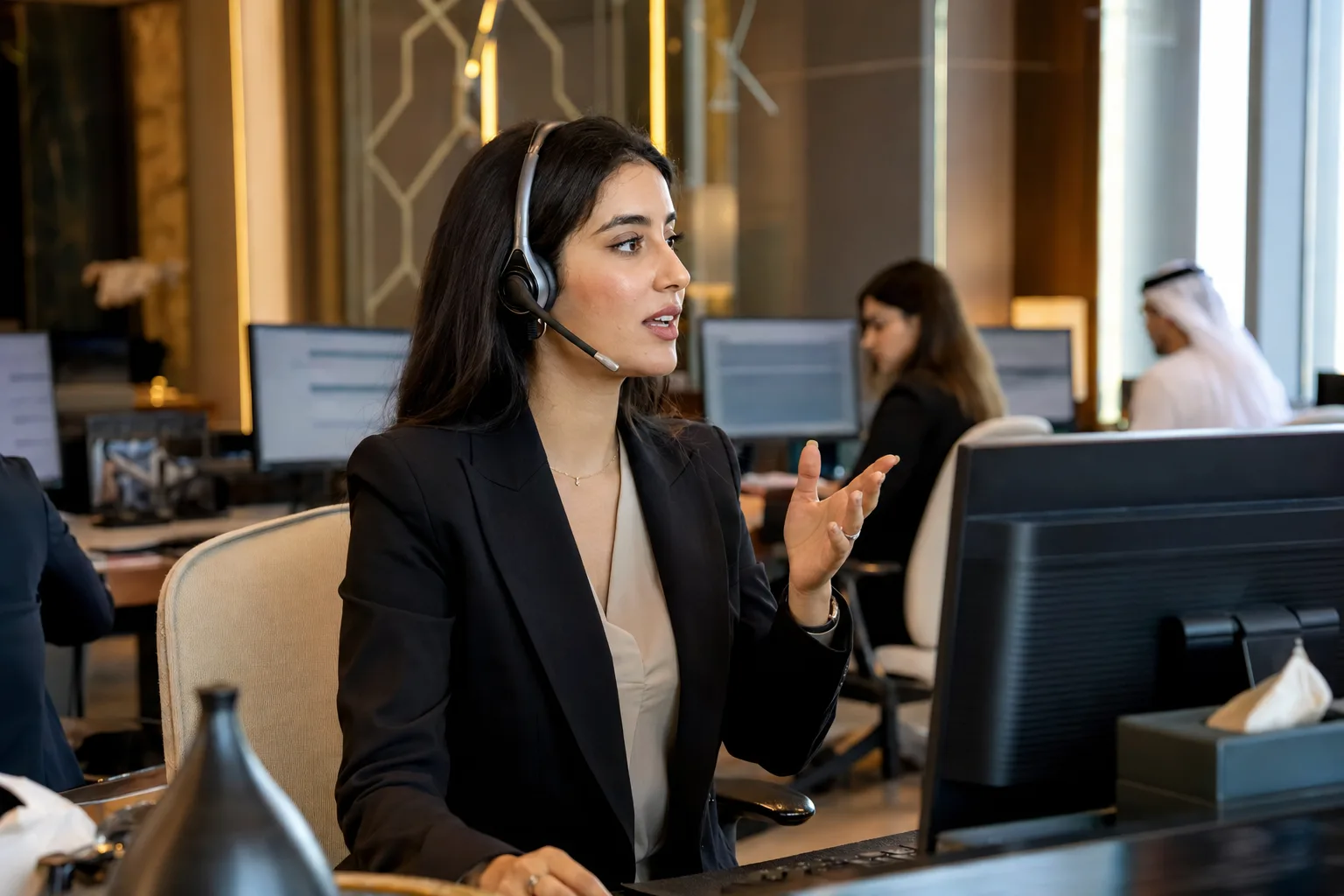 A reservations and support professional mid-conversation