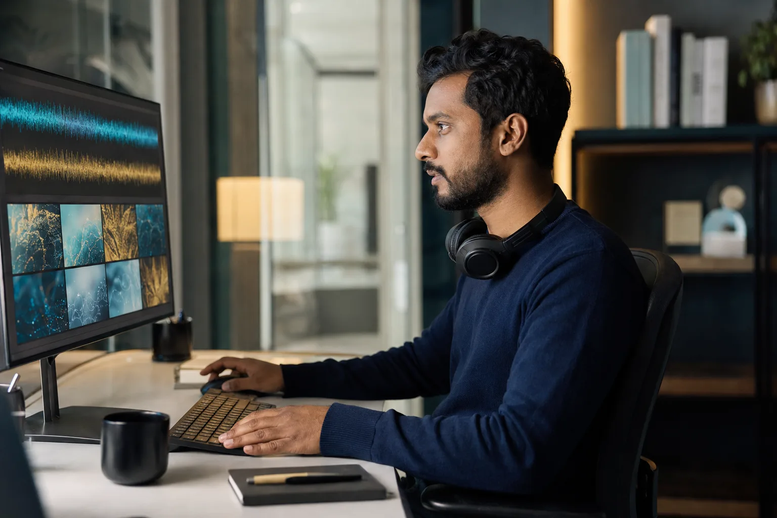 A data and annotation specialist reviewing material at a workstation