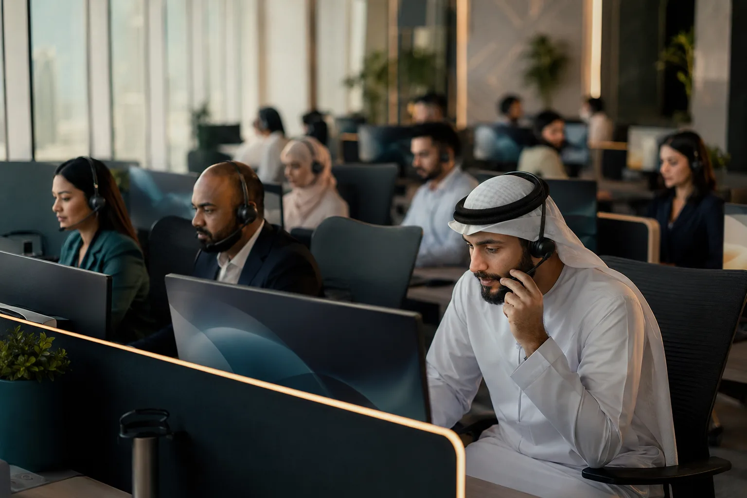 A customer experience floor with agents at work
