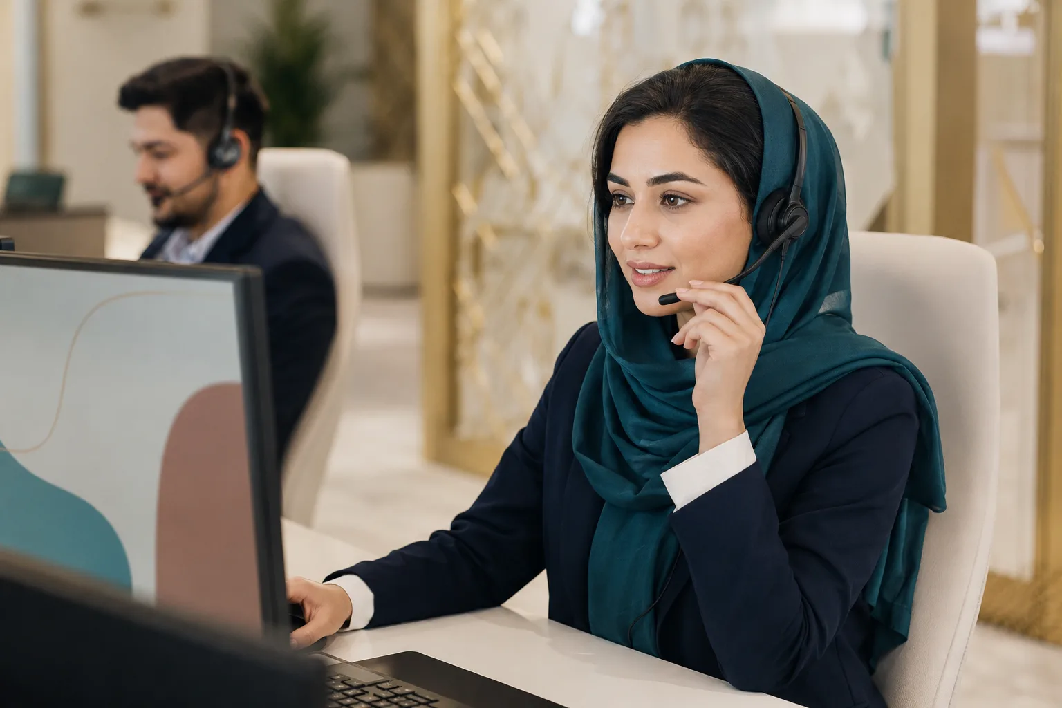 A bilingual agent mid-call, warm and attentive