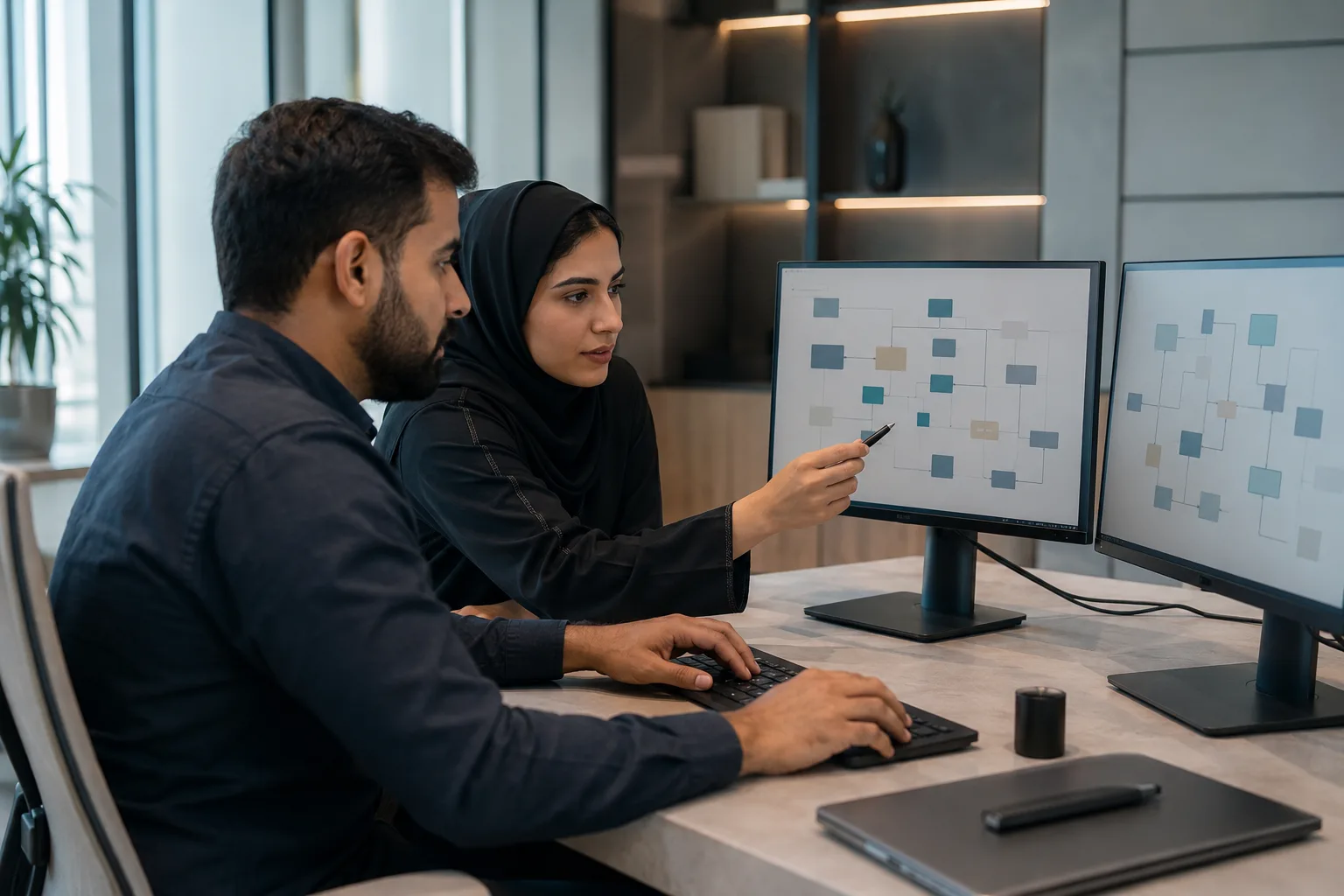 Two engineers pair-working at a desk